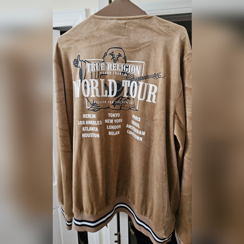 True Religion World Tour Velour Track Jacket Men XL Tan Full Zip Retro Y2K NWOT